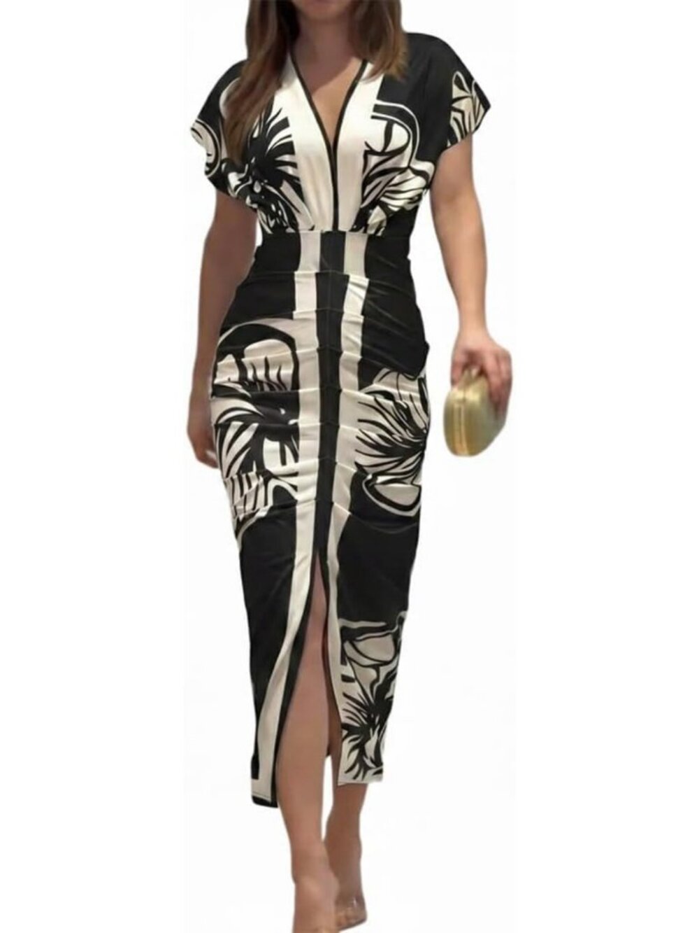 Stylish Summer Midi Dress for Women | Plunge V Neck, Ruched, Floral & Solid